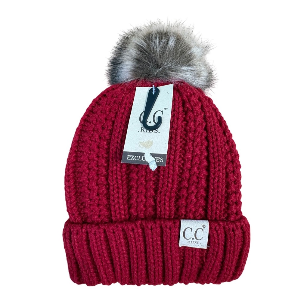 CC Kids Red Cable Knit Beanie Faux Fur Pom‎ Pom Winter Hat YJ-820 NEW